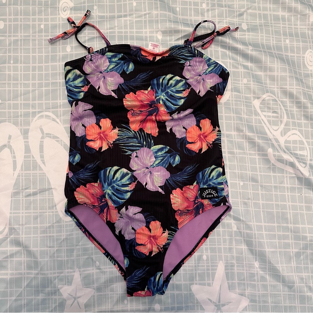 Justice Black Floral Girls’ Swim One Piece